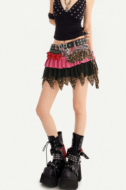 Y2K Leopard Patchwork Ruffle Skirt