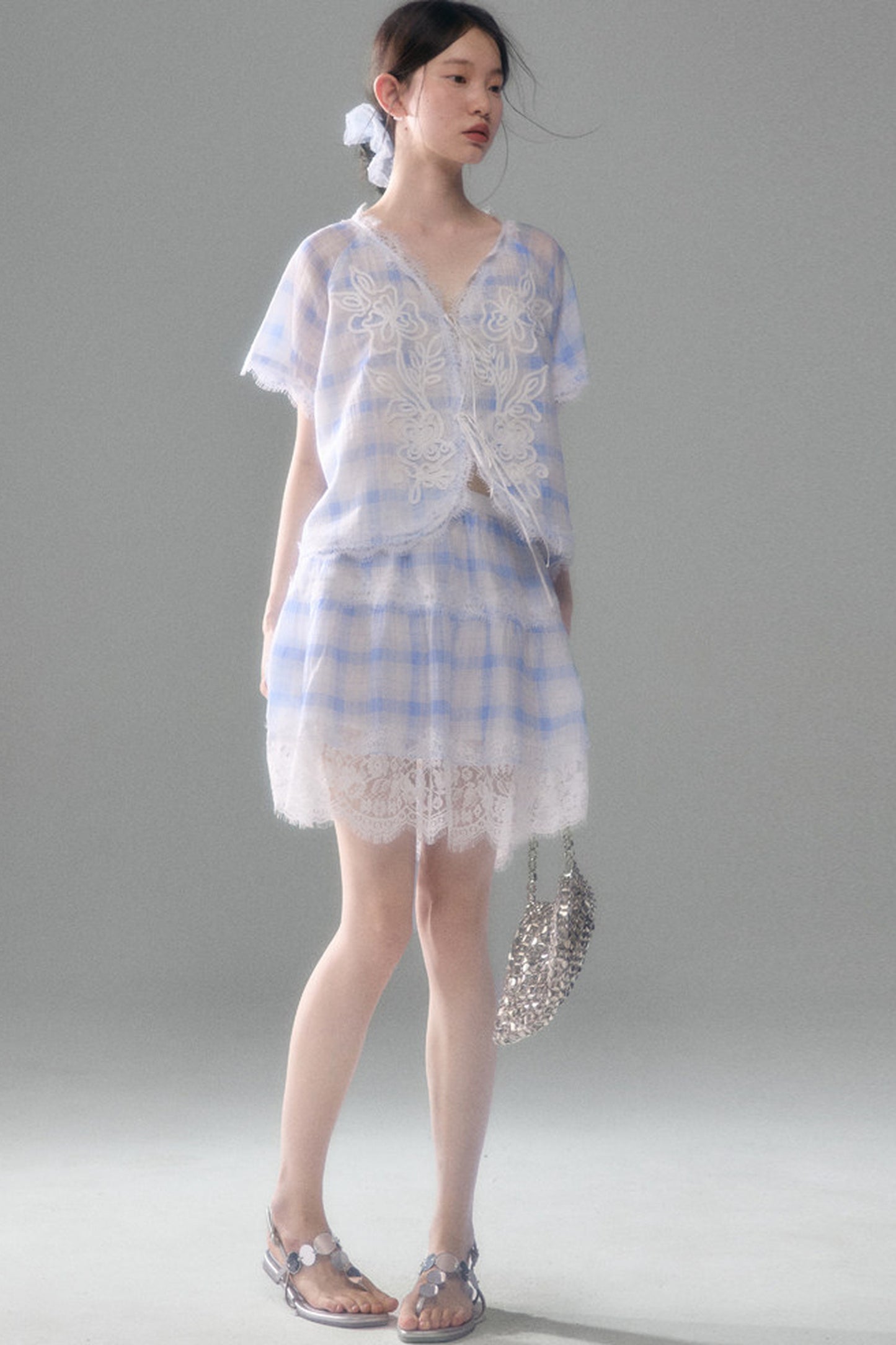 Blue White Checkered Lace Tencel Top Skirt Set-Up