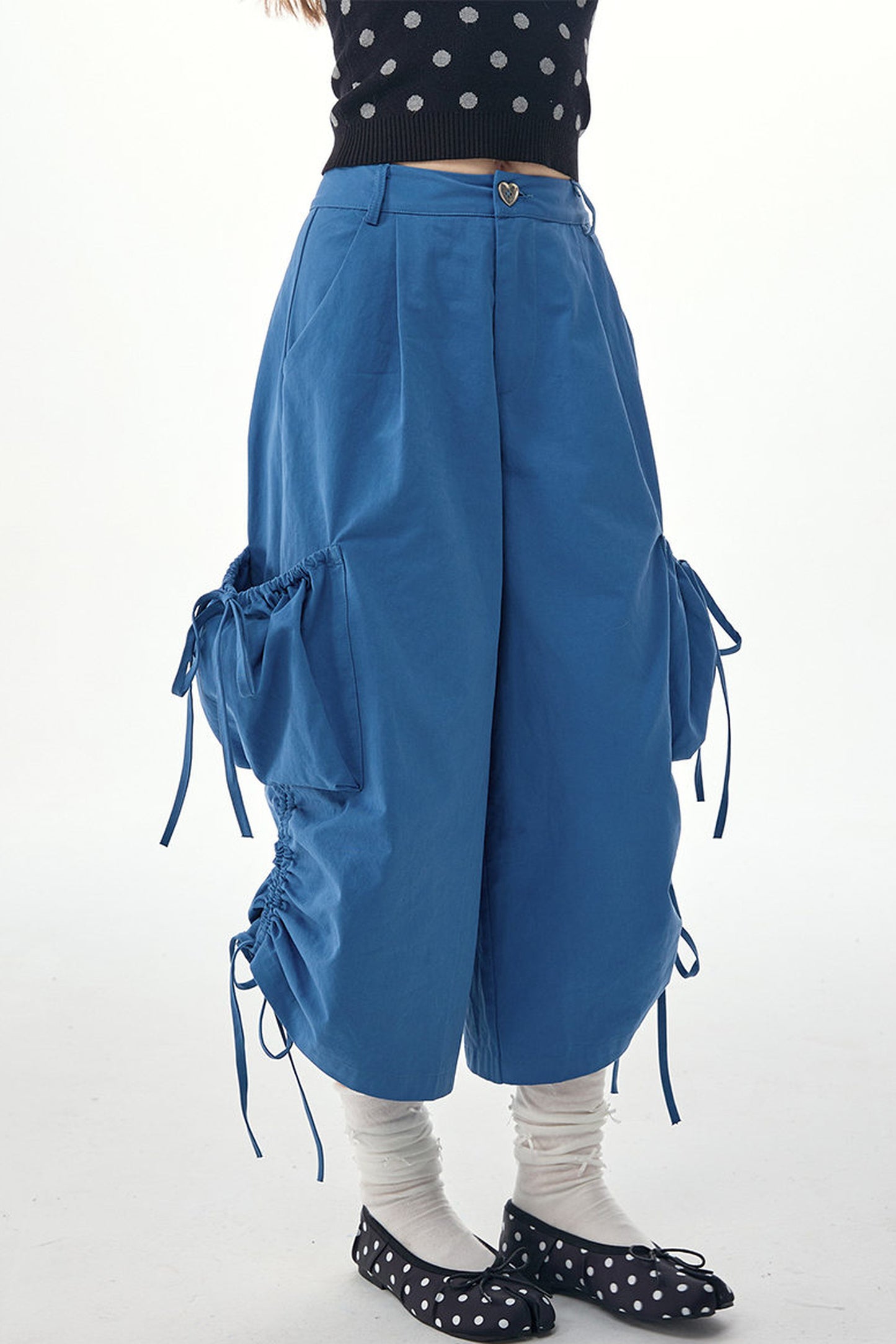 Blaue Ballon-Cargohose mit Kordelzug und weitem Bein