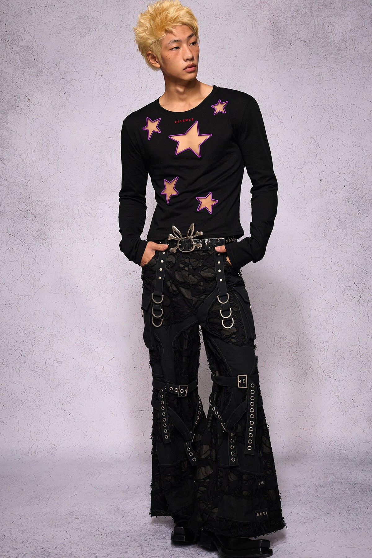 Star Hollow Mesh Embroidery Long-Sleeved Top