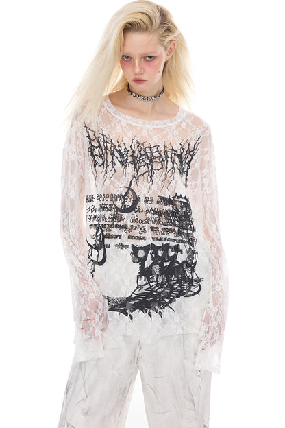Loose Ripped Lace Cat Print Tee