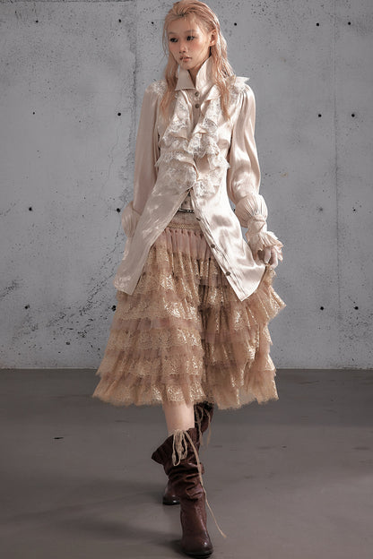 Ruffled Lace Patchwork Satin Blouse
