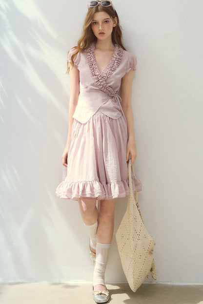 Purple Ruffle Trim Blouse and Tiered Skirt Set