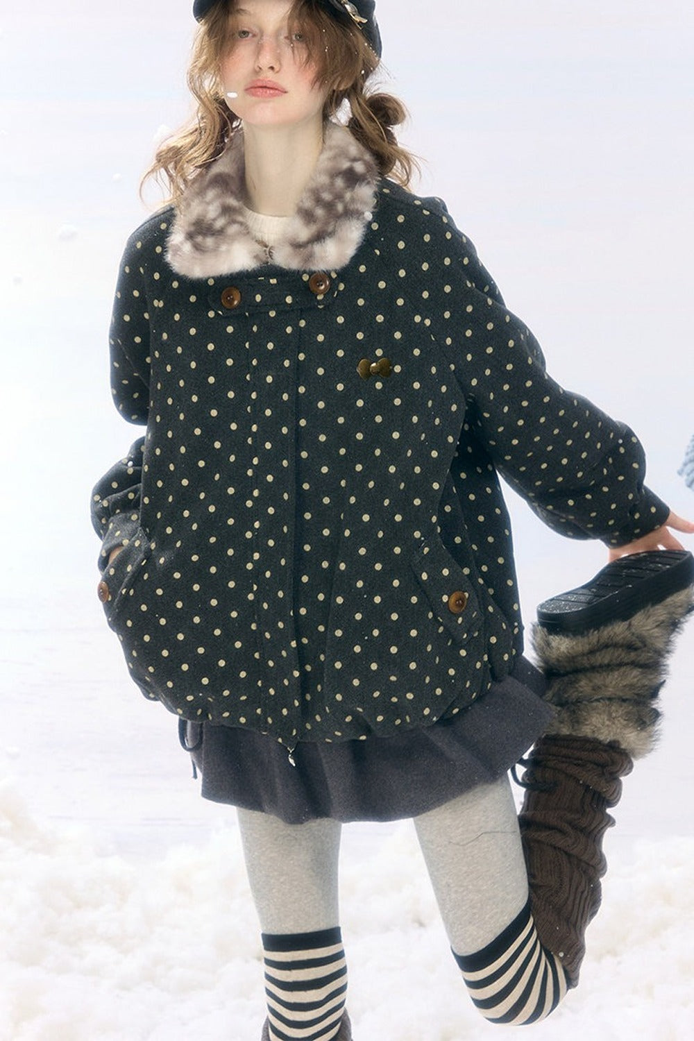 Short Polka Dot Plush Collar Cotton Jacket
