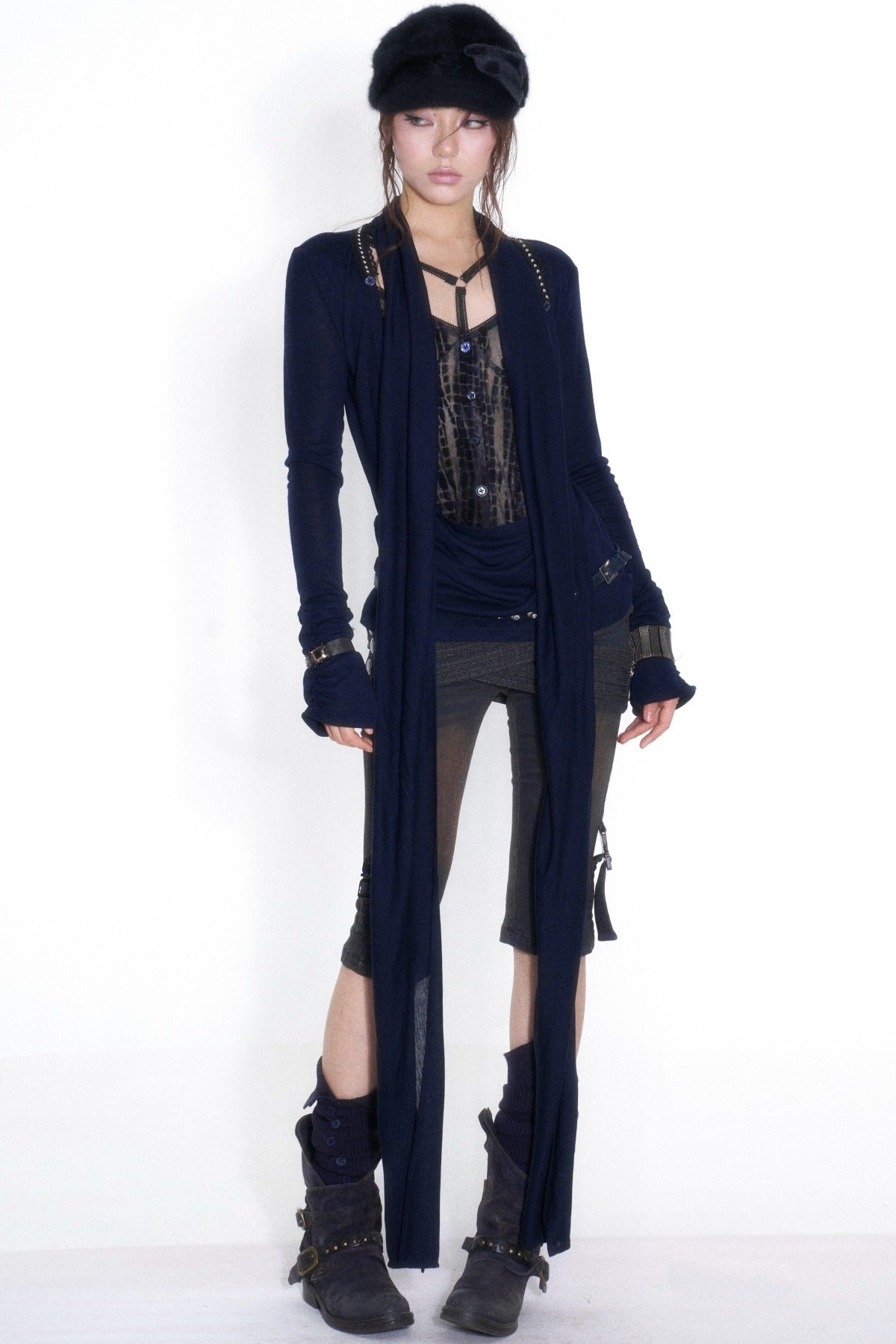 Cross-Neck Tencel Knit Mesh Spliced Long-Sleeved Top