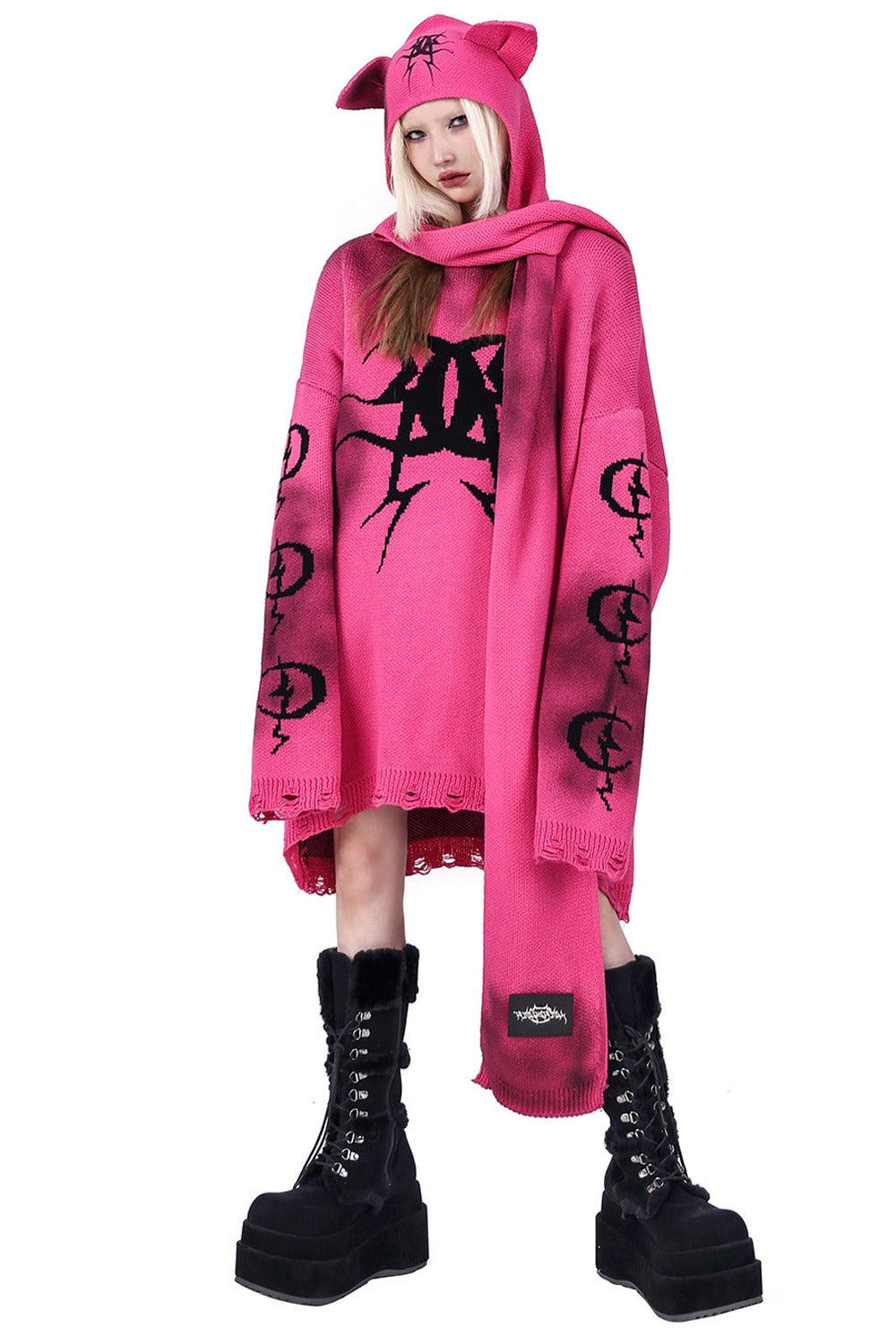 Cat Ear Graffiti Scarf Knit Hat