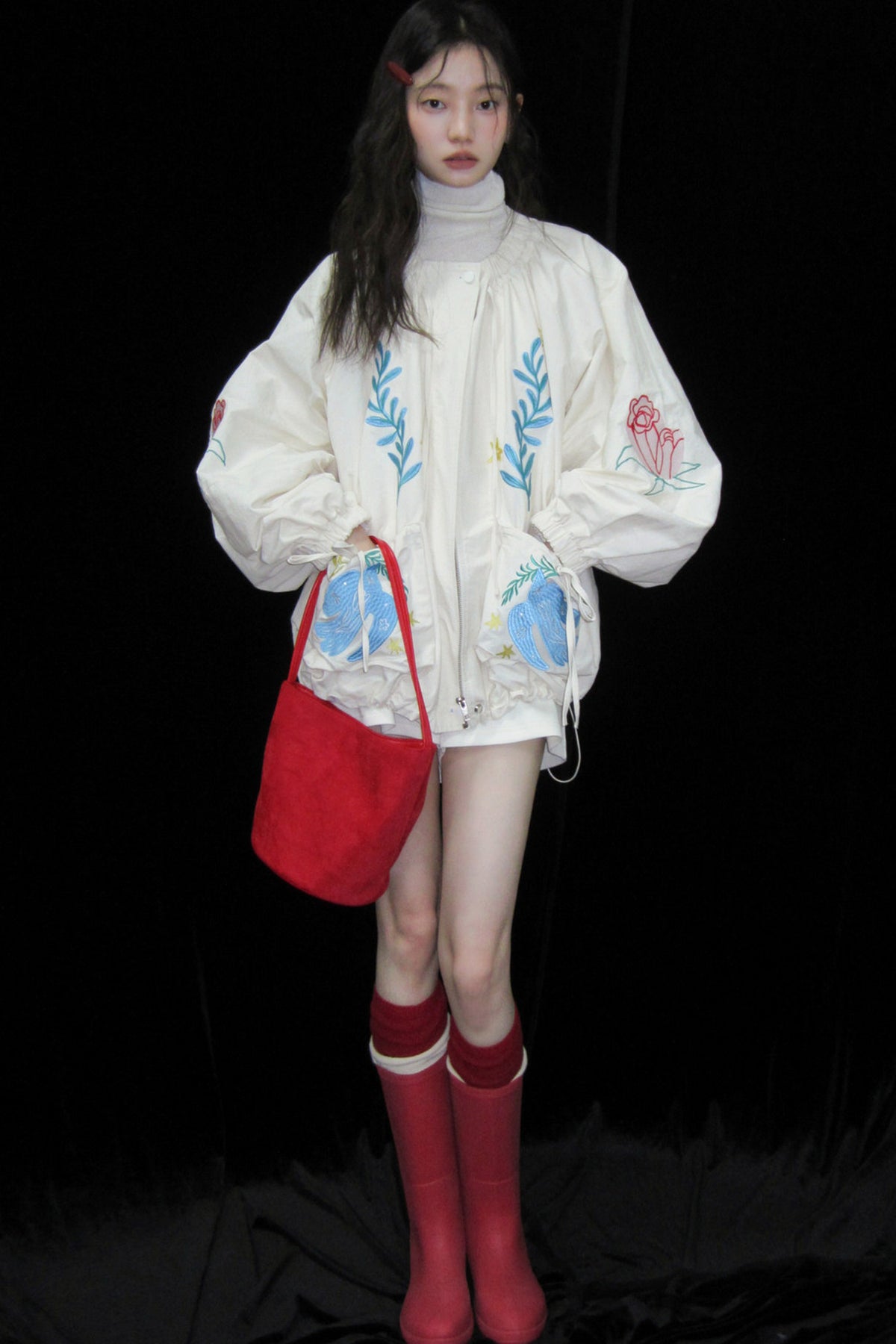 Loose Birds Olive Floral Embroidered Drawstring Jacket