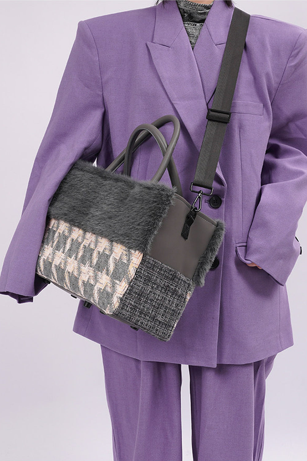 Furry Color-Block Tote Bag