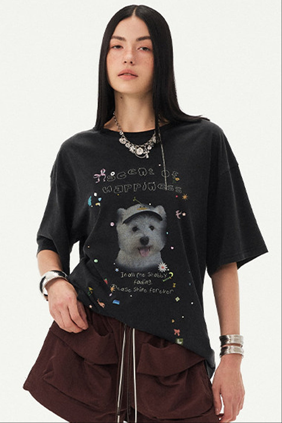 Rhinestone Cartoon Dog Drop Shoulder T-Shirt