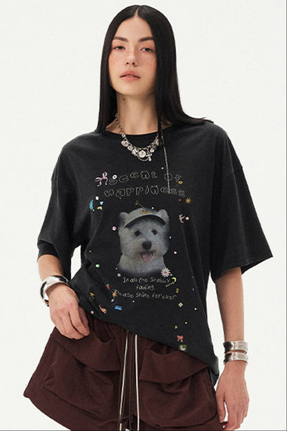 Rhinestone Cartoon Dog Drop Shoulder T-Shirt