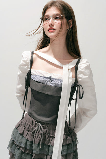 Plaid Layered-Look Off-Shoulder Shirt