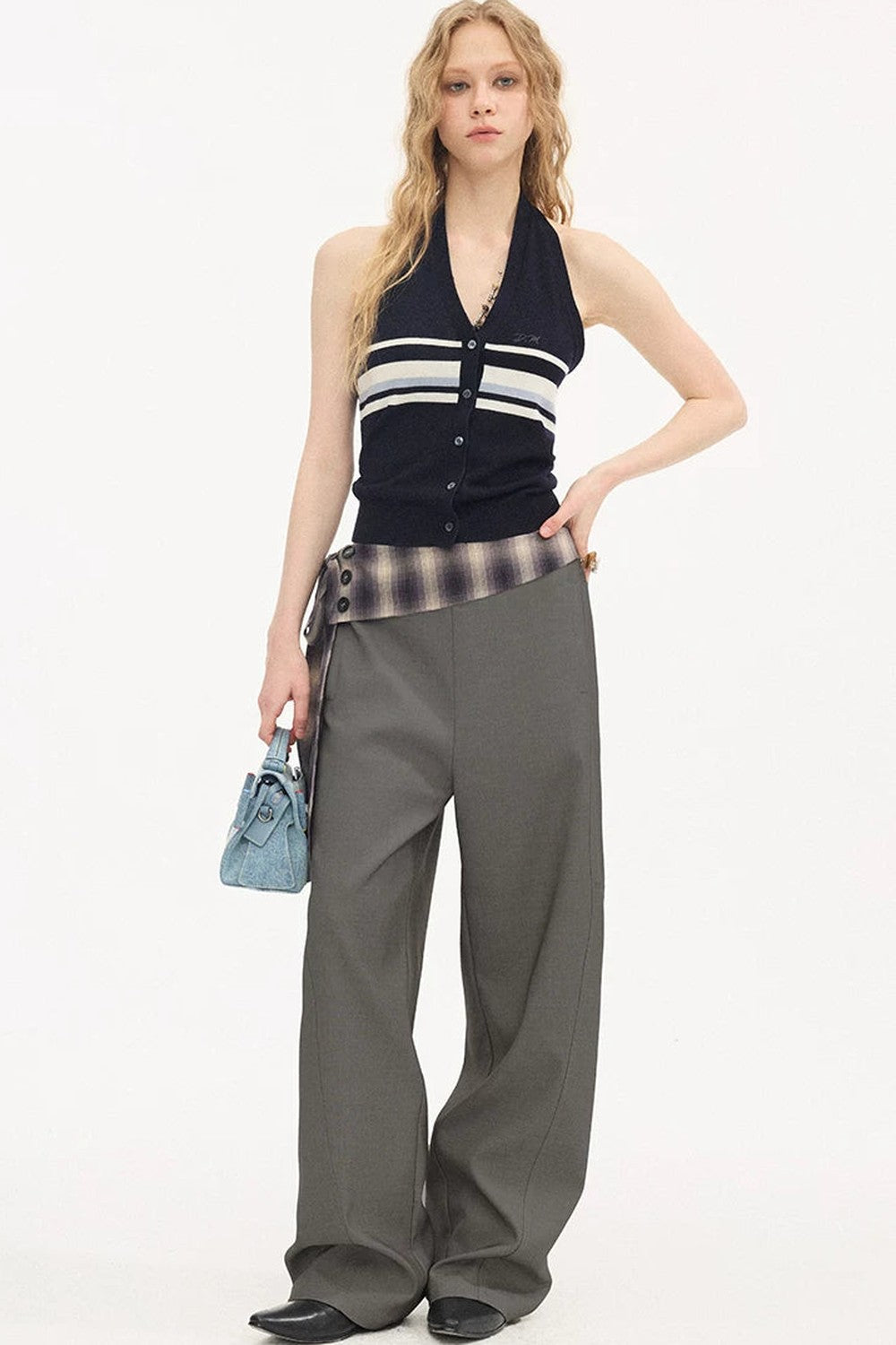 Plaid Drapey Waist-Tie Trousers