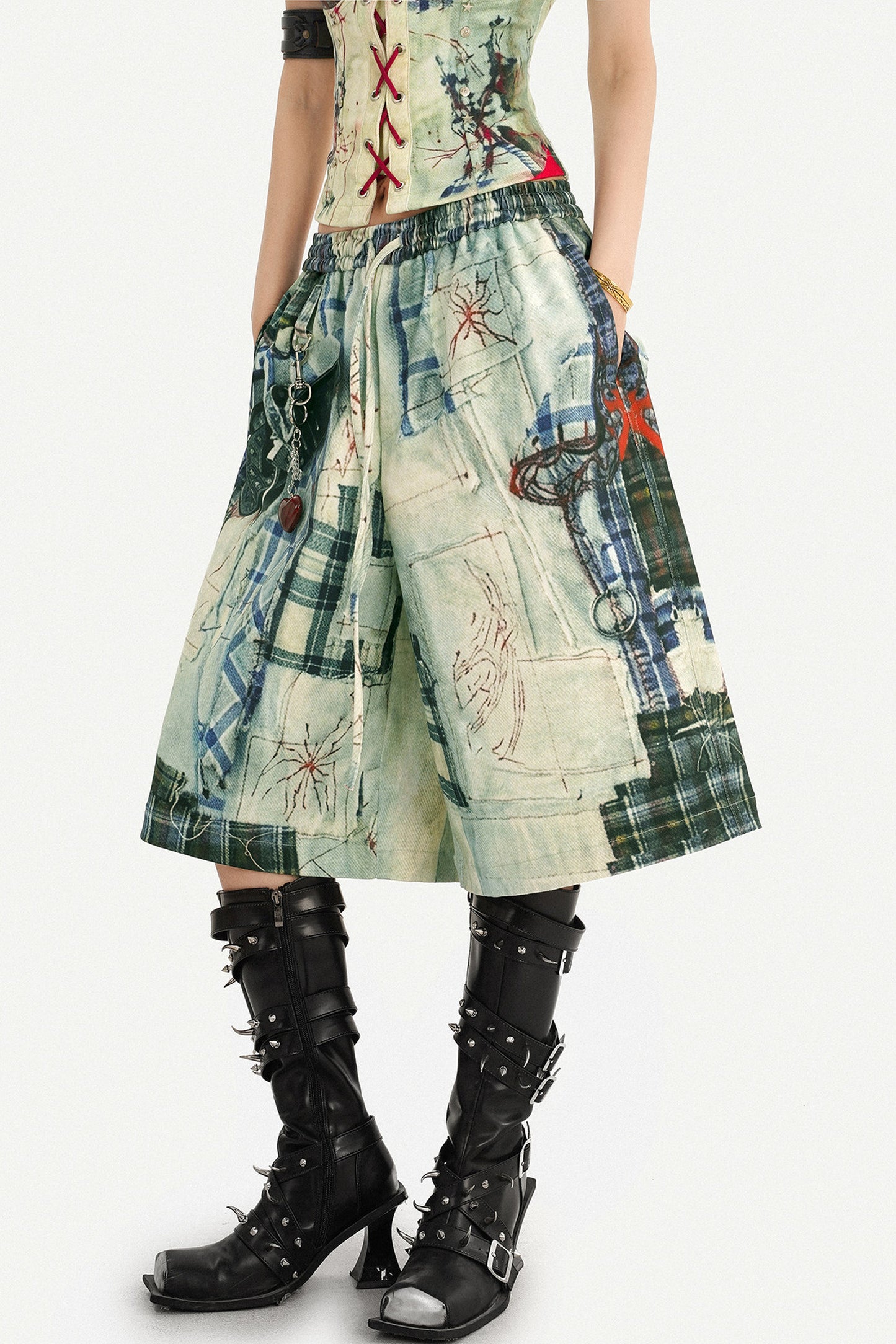 Patchwork Plaid Wide-Leg Pants