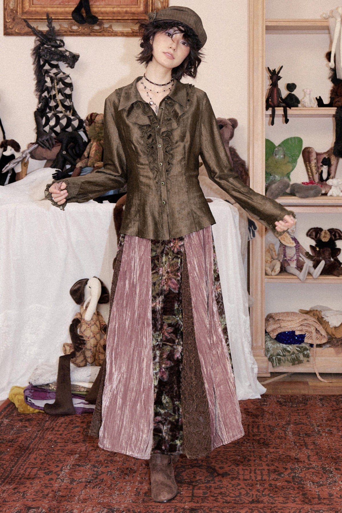 Ruffled Acetate Chiffon Shirt and Skirt Set-Up