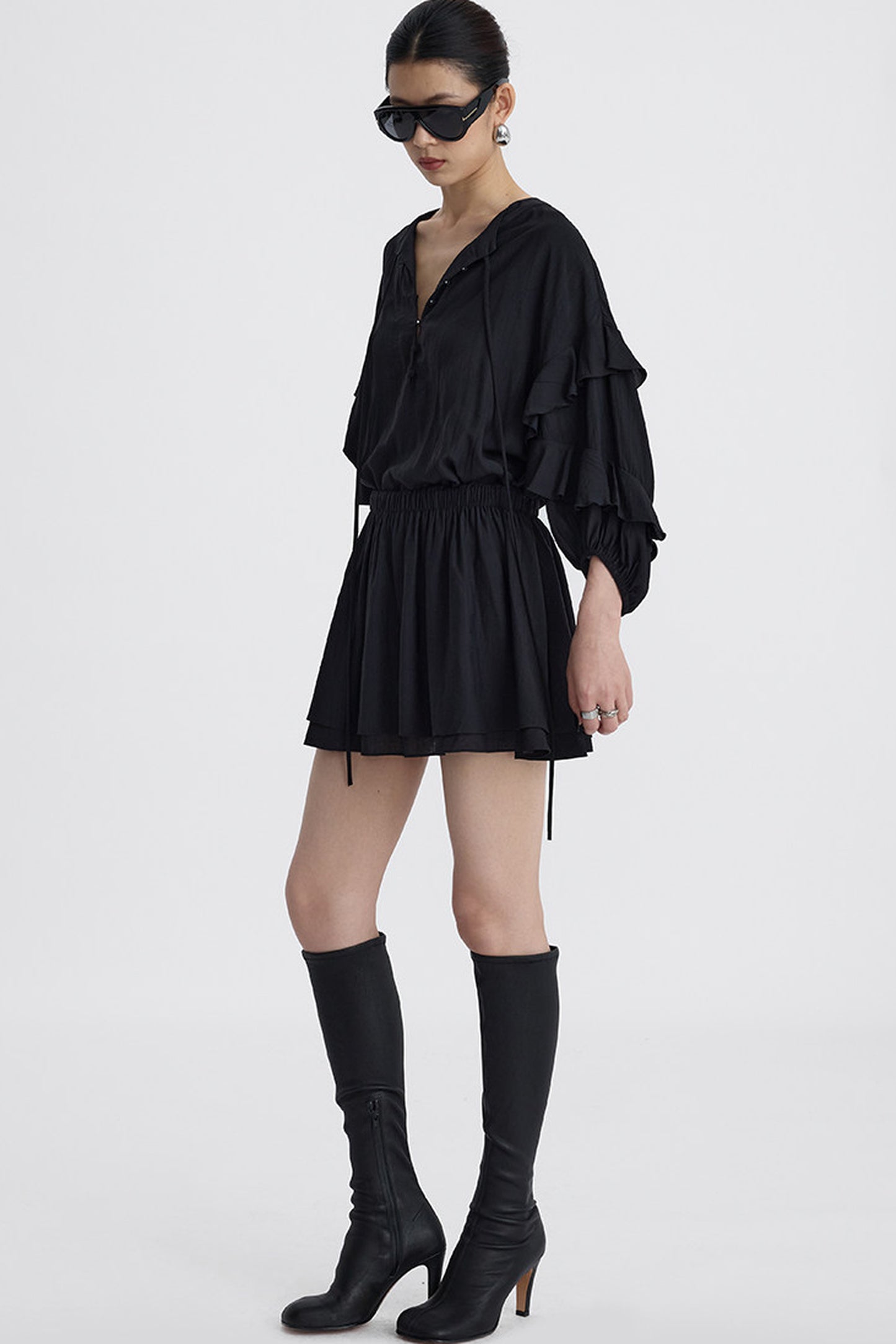 Black V-Neck Ruffle Lantern Sleeve Dress