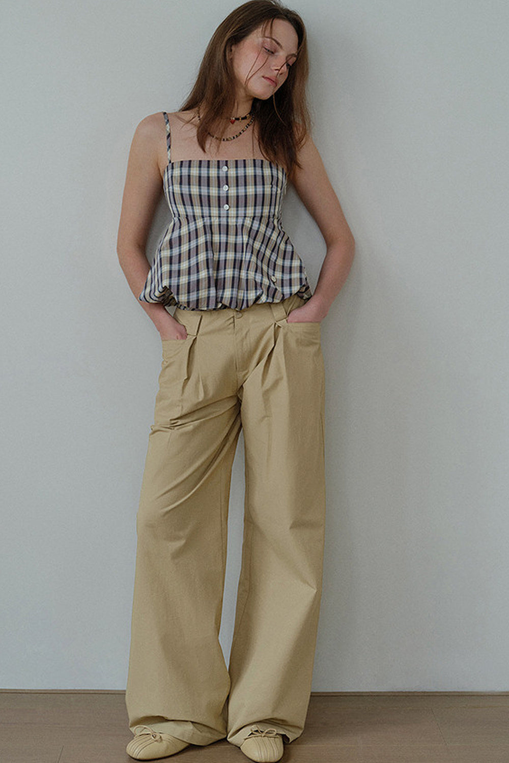 Khaki Plaid Waist Pleated Wide Leg Pants