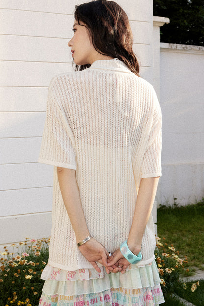 Perforated Long-Sleeved Vertical Stripe Printed Knit Set-Up