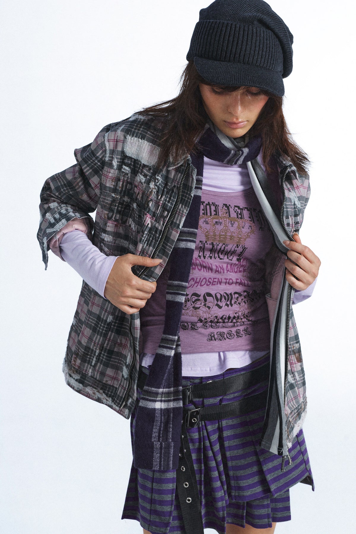 Plaid Graffiti Print Distressed Jacket
