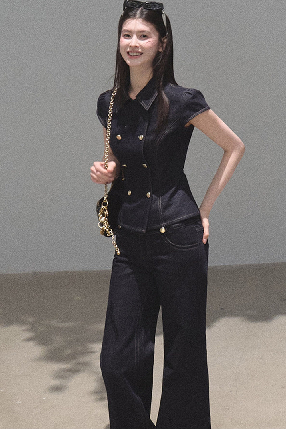 Retro Denim Waist-Cinching Dress Set-Up