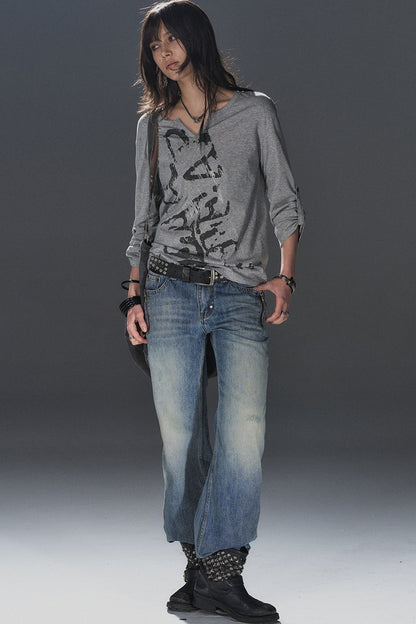 Silver Broken Print V-Neck Long-Sleeved T-Shirt