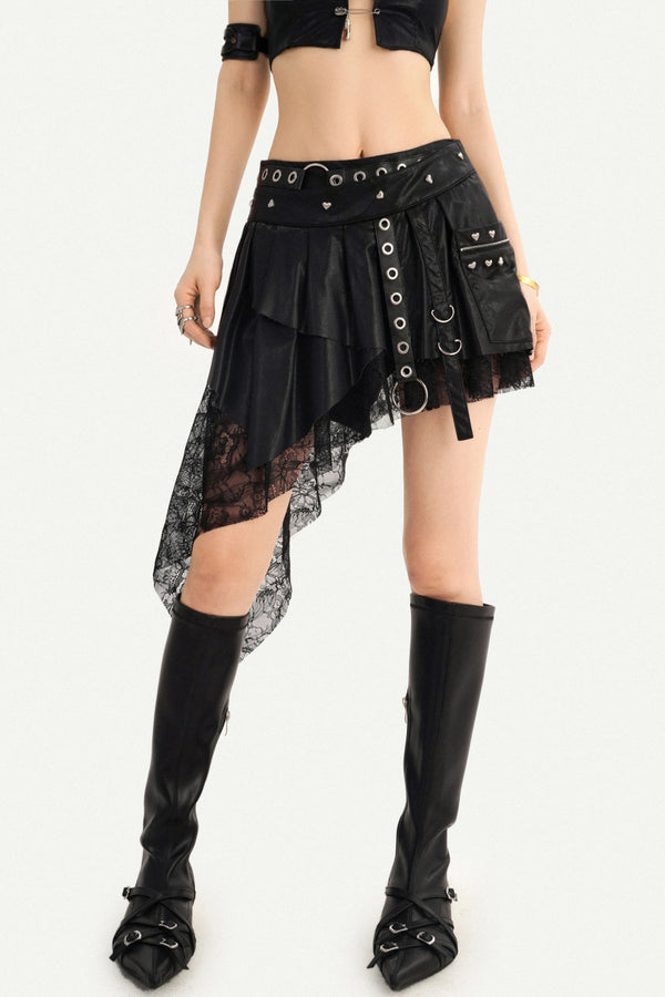 Black Leather Punk Patchwork Asymmetrical Skirt Set-Up