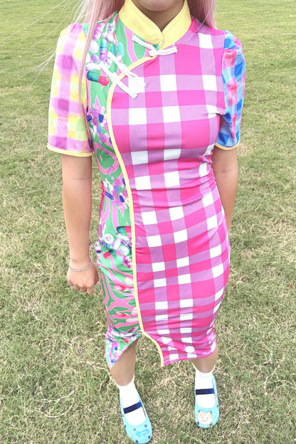 Y2K Patchwork Checkered Cheongsam Dress