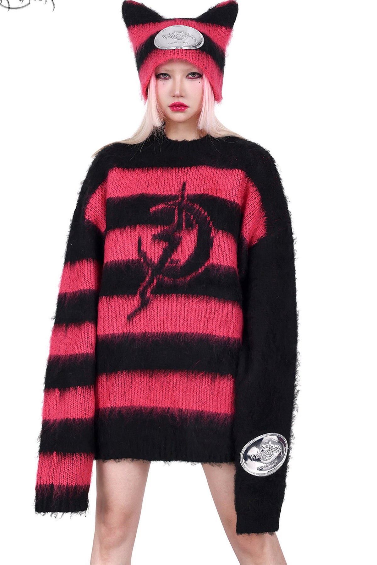Loose Black Pink Stripe Knit Tops