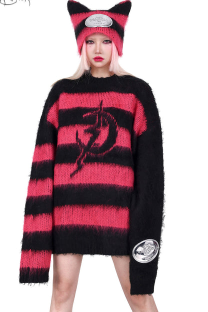Loose Black Pink Stripe Knit Tops