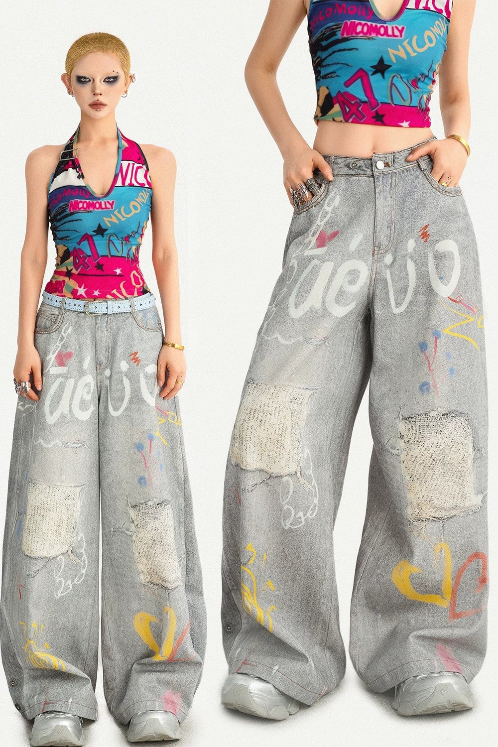 Heart Graffiti Ripped Jeans