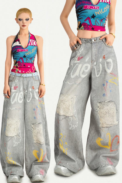 Heart Graffiti Ripped Jeans
