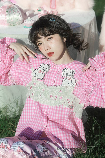 Dog Embroidered Plaid Puff Sleeve Shirt