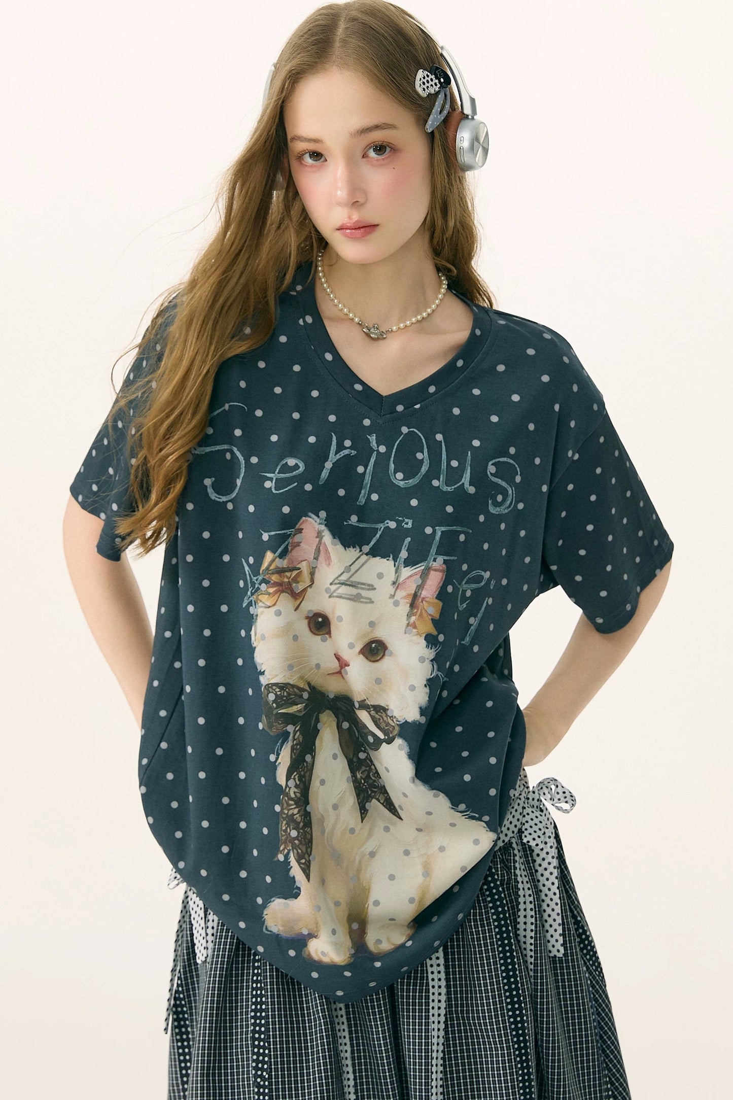 Polka Dot Cat V-Neck Blouse