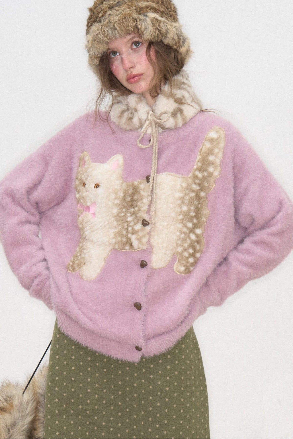 Purple Cat Patch Embroidery Cardigan