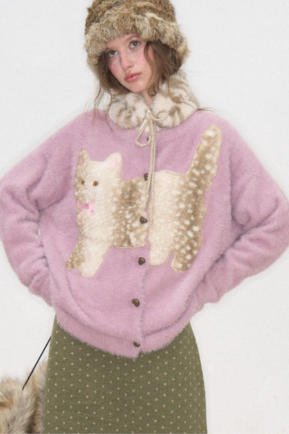 Purple Cat Patch Embroidery Cardigan