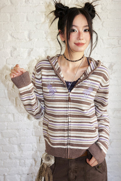Striped Hooded Short Cardigan