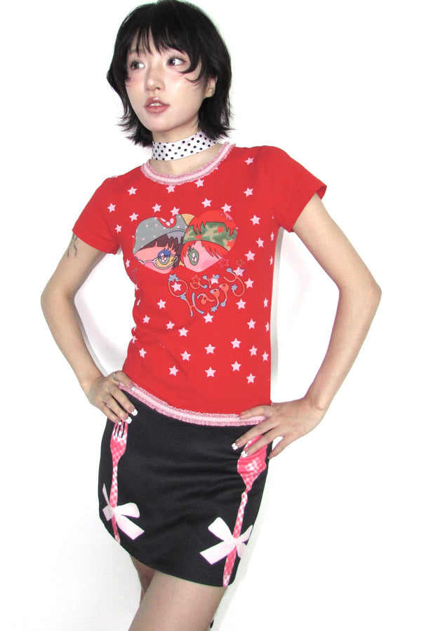 Bird Graphic Lace Trim T-Shirt