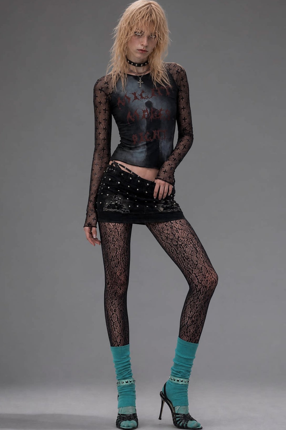 Letter Print Long-Sleeve Mesh Top