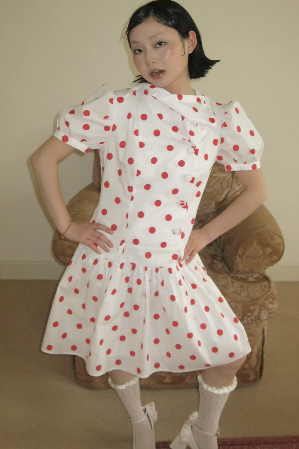 Red Retro Polka Dot Bubble Sleeve Dress