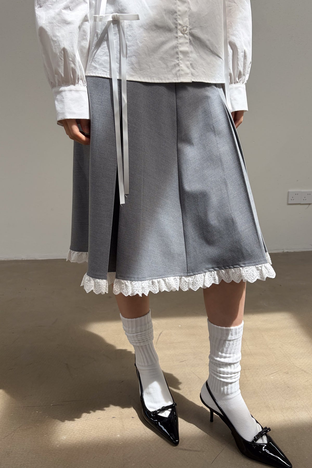 Gray Pleated Lace A-Line Skirt