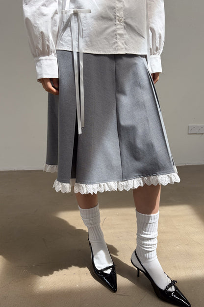 Gray Pleated Lace A-Line Skirt
