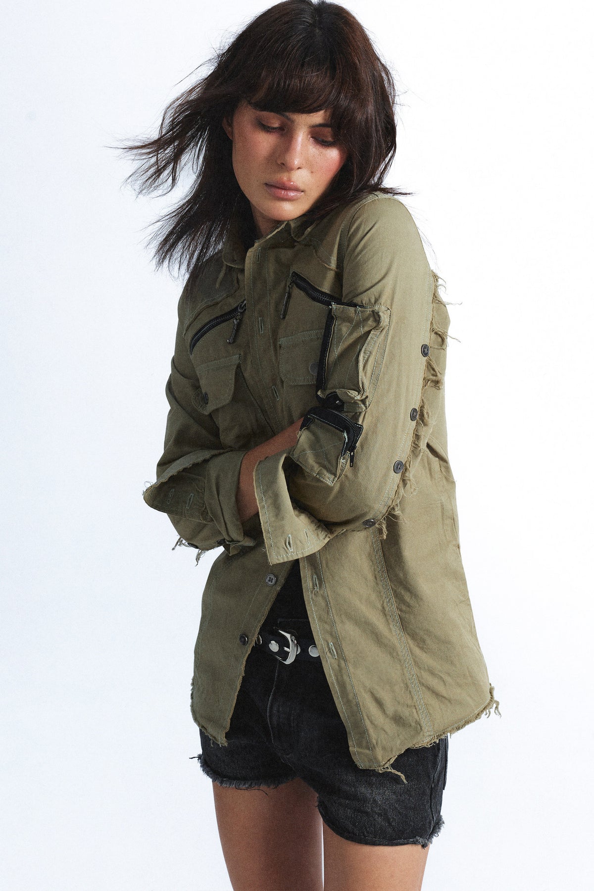 Multi-Pocket Buttoned Frayed Long-Sleeve Shirt