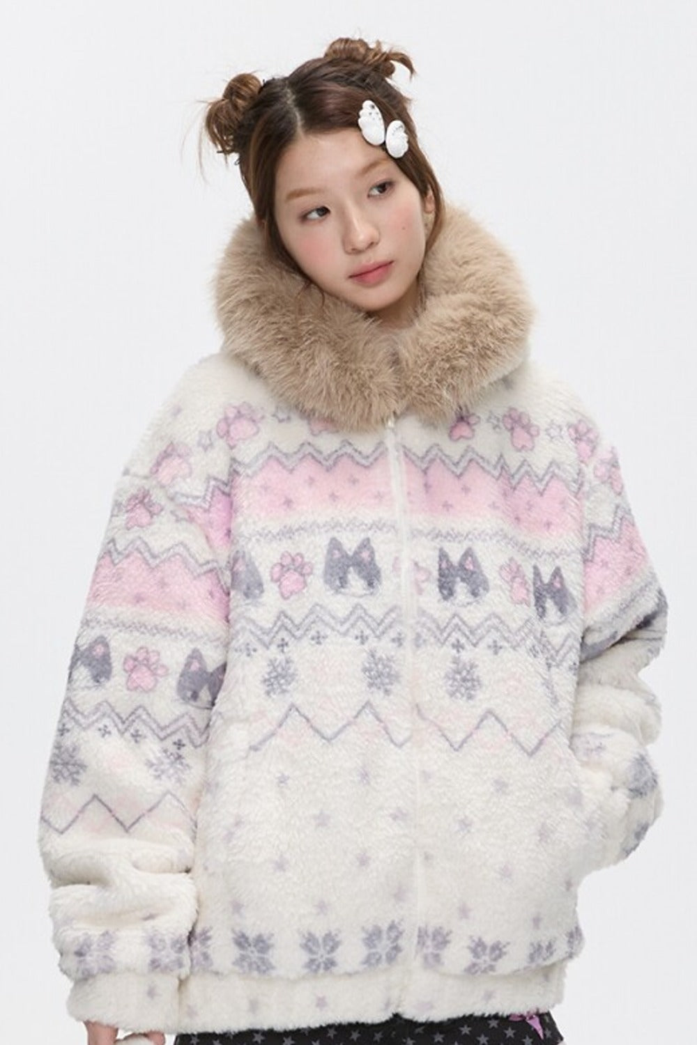 Beige Lamb Wool Fur Collar Jacket