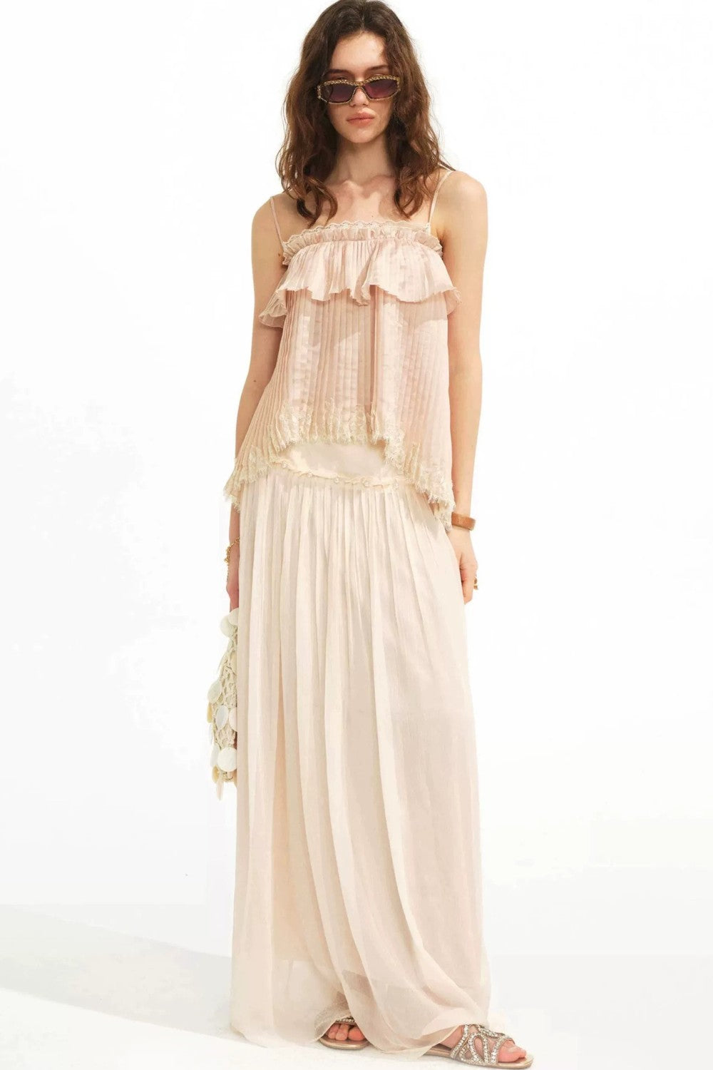 Retro Pleated Lace Pearl Skirt Set-Up