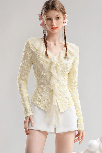 Yellow V-Neck Ruffle Straight Knit Top
