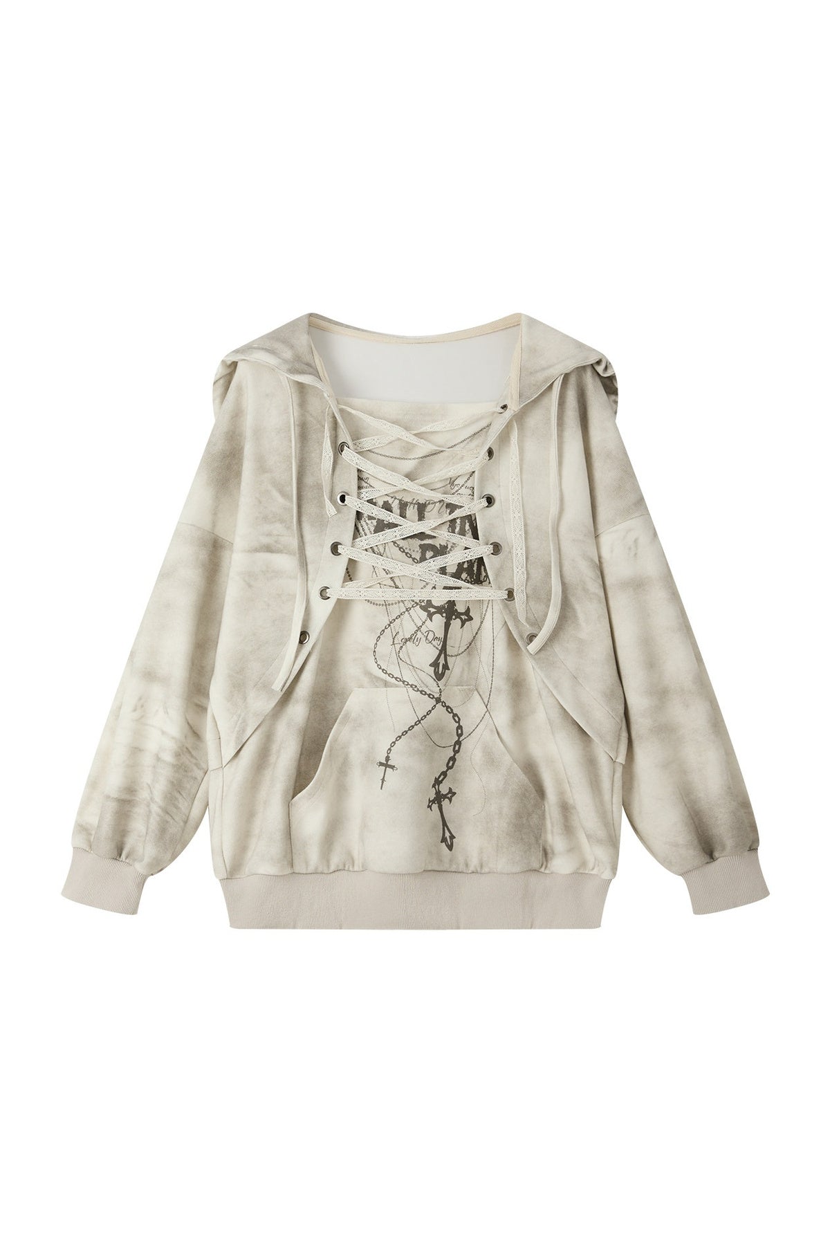 Distressed Drawstring Cross Print Hooded Pullover Sweatshirt