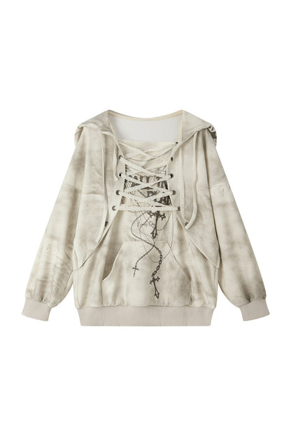 Distressed Drawstring Cross Print Hooded Pullover Sweatshirt