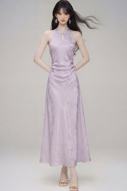 Halter-Neck Jacquard Cheongsam Dress