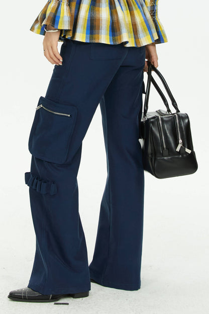 Navy Blue Multi-Pocket Wide-Leg Pants