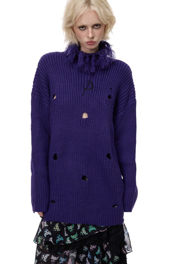 Tassel Turtleneck Ripped Oversized Sweater