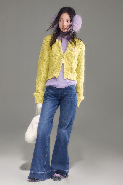 High-Waisted Fleece-Lined Flared Raw Hem Slit Jeans